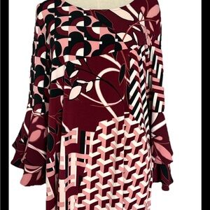 Alfani women burgundy/pink geometric long bell sleeve formal Medium shirt, pullo